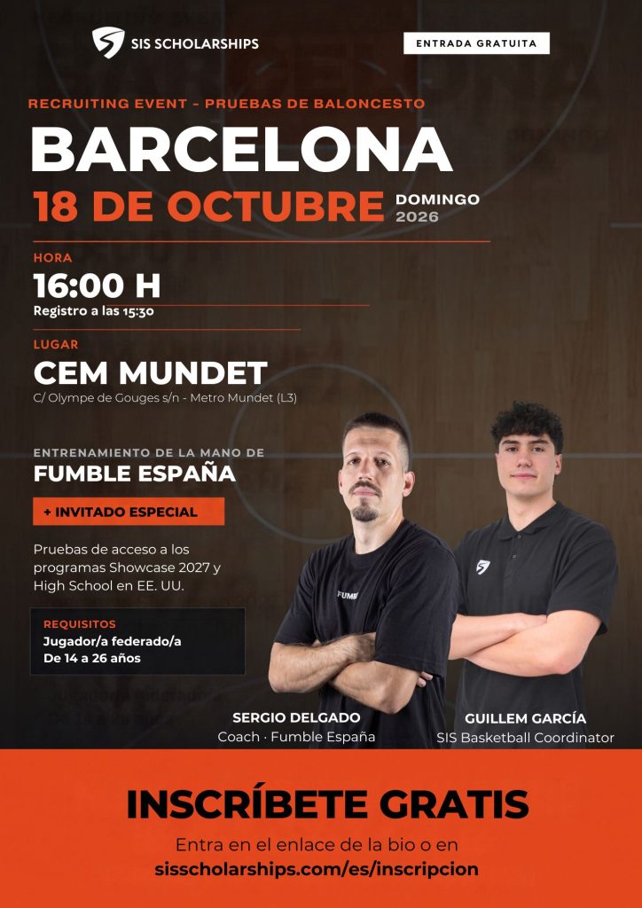 Cartel de las pruebas gratuitas de baloncesto SIS Scholarships en Barcelona, 18 de octubre de 2026